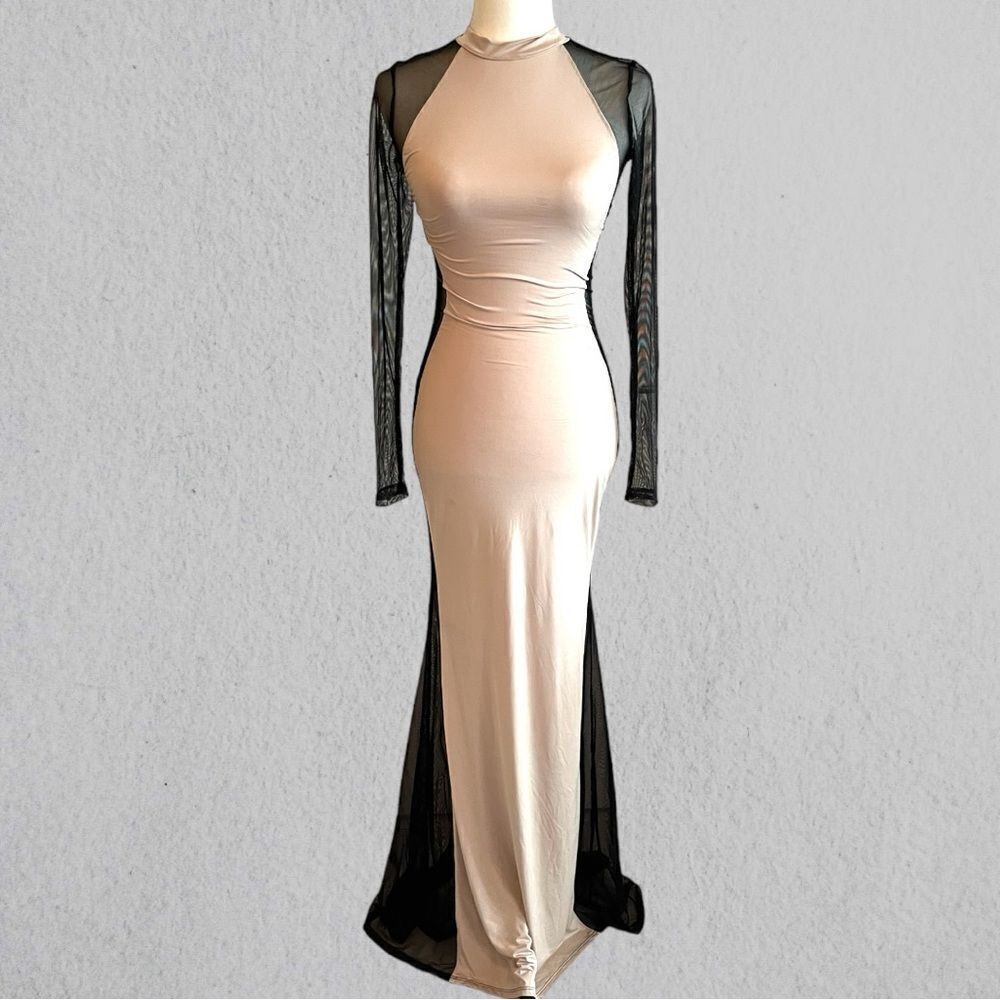 Nude and mesh maxi bodycon dress